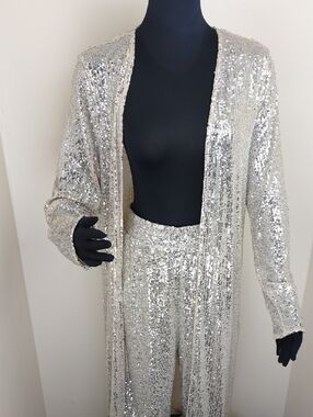 Versona Gold Sequin Duster Wide Leg Cargo Pants Set 2pc Large